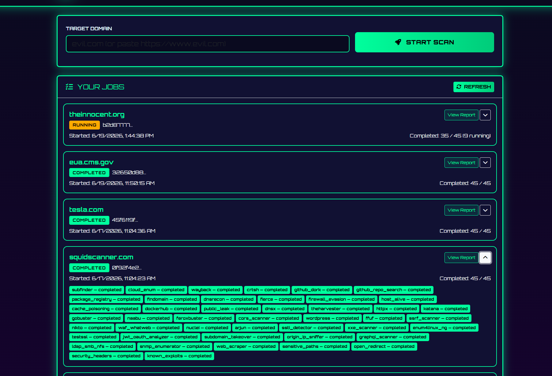 SquidScan jobs dashboard
