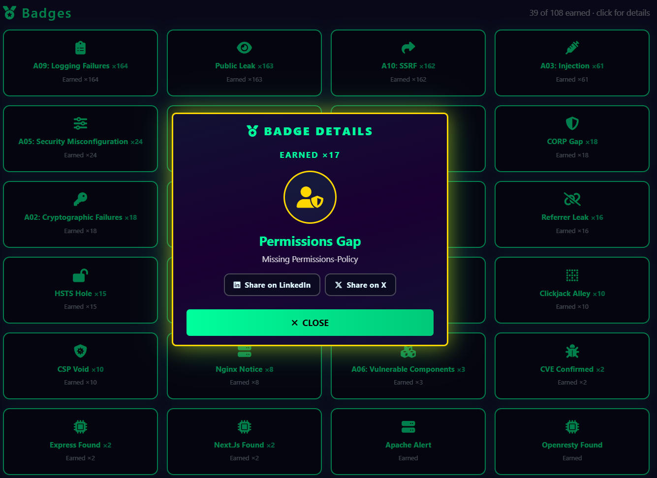 SquidScan Badge System — earned badges with stackable counts and share options